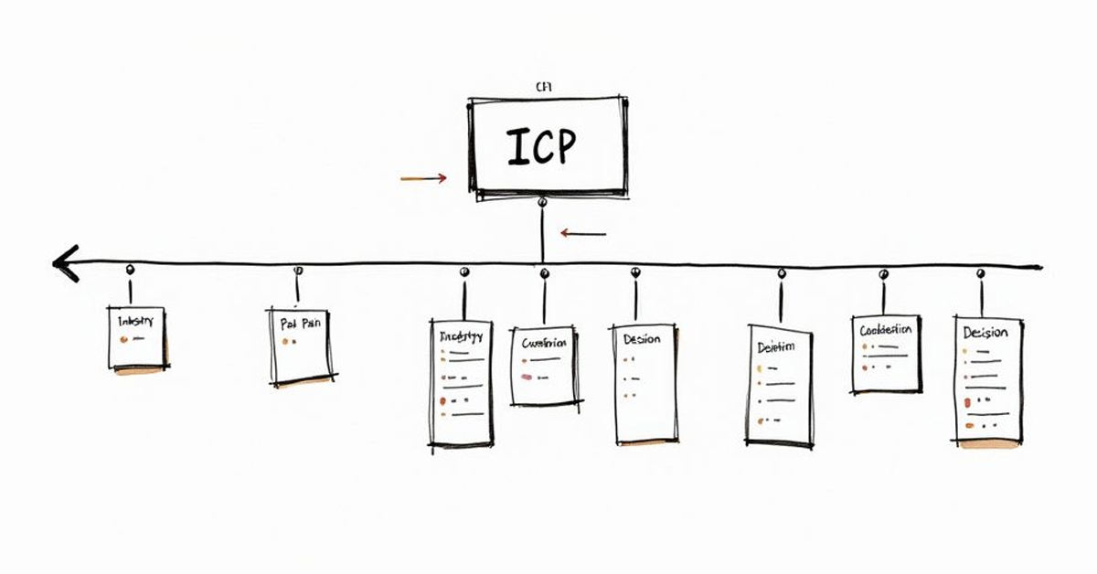 A hand-drawn flowchart detailing Ideal Customer Profile (ICP) breakdown into industry, pain, and decision factors.