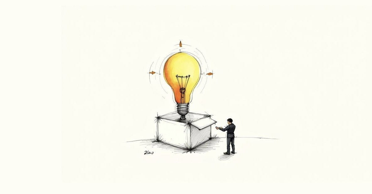 A person observes a large glowing lightbulb emerging from an open box, symbolizing new ideas and innovation.