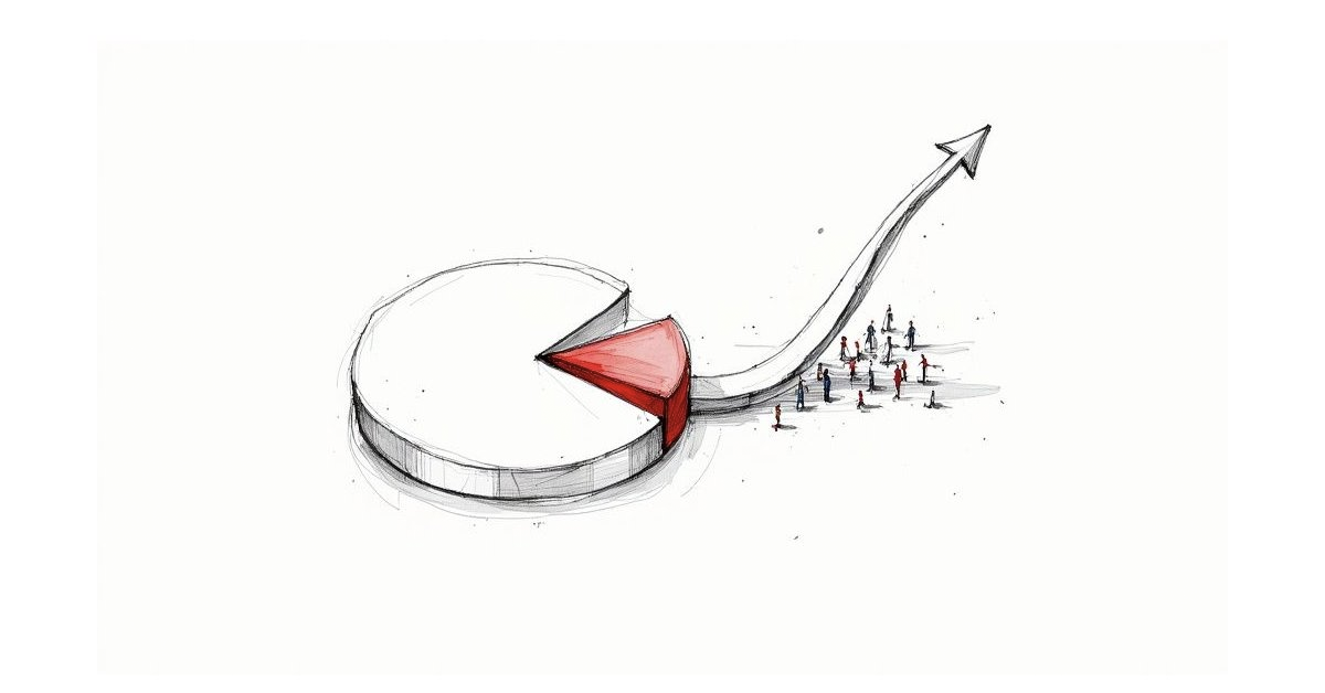 Hand-drawn pie chart with a red slice transforming into an upward arrow, followed by small people.