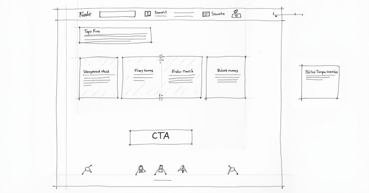 Hand-drawn wireframe sketch of a B2B website layout, featuring header, content blocks, and a call-to-action.