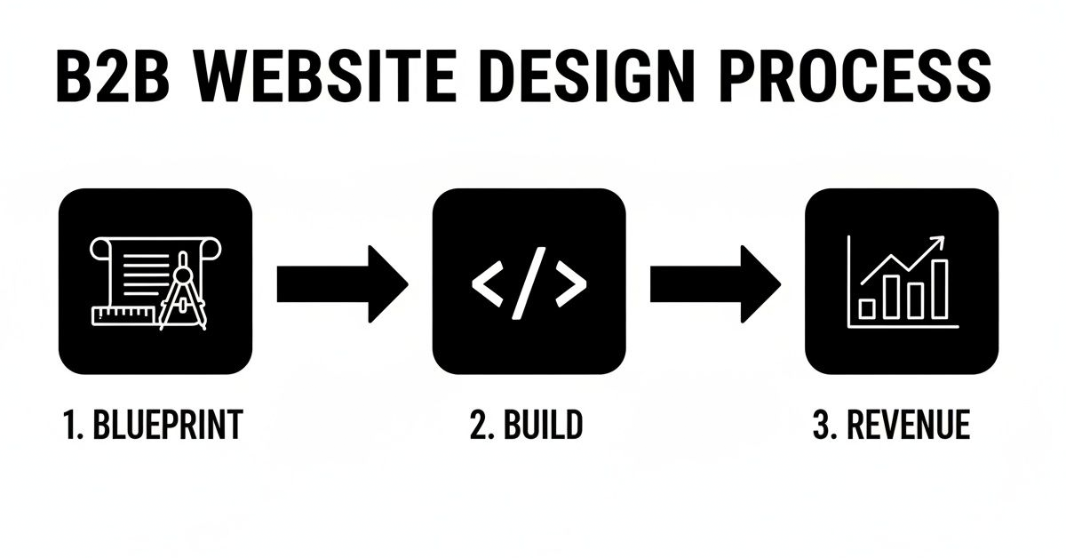 Infographic illustrates the three-step B2B website design process: blueprint, build, and revenue generation.