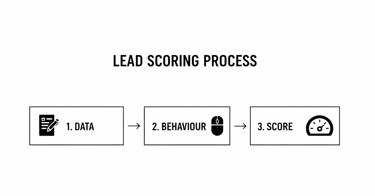 A flowchart illustrates the lead scoring process: data collection, behavior analysis, and score generation with a refinement loop.