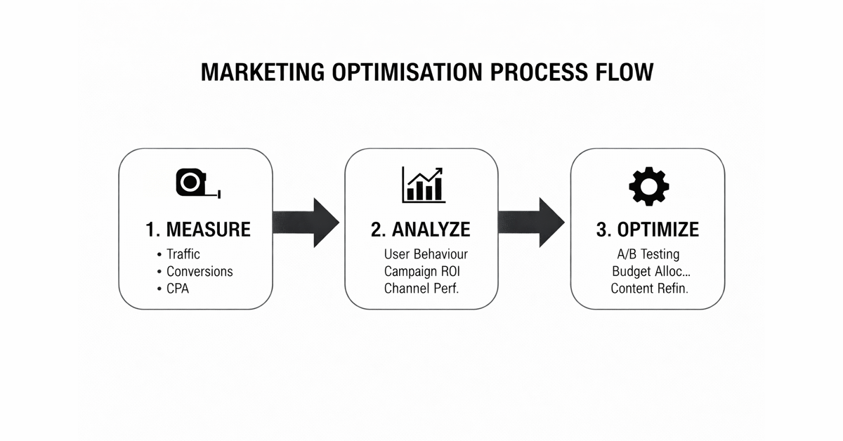 Diagram illustrating the three-step marketing optimisation process flow: measure, analyze, and optimise.