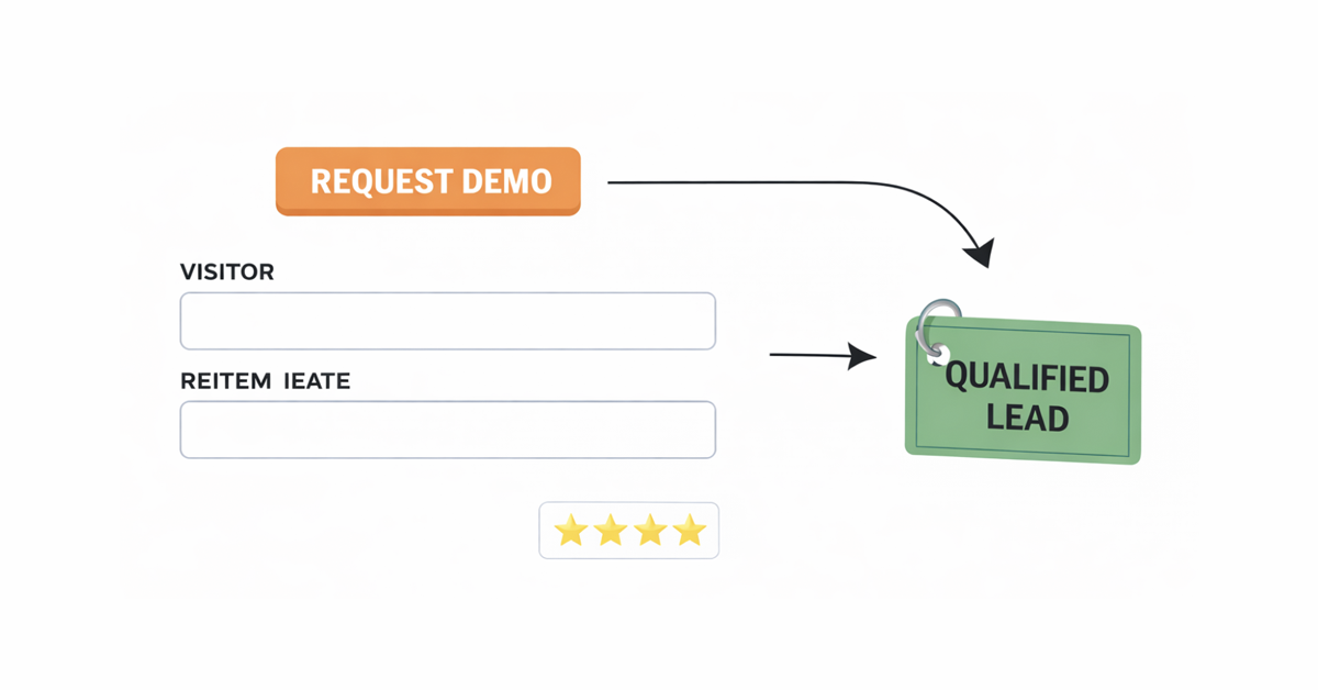 Flowchart illustrating lead generation: request demo, visitor input, and qualification process resulting in a qualified lead.