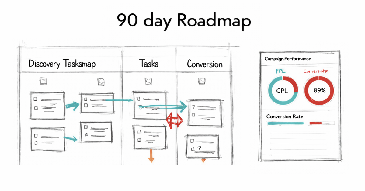 Hand-drawn sketch of a 90-day roadmap showing tasks, workflow, and a marketing performance dashboard with KPIs.
