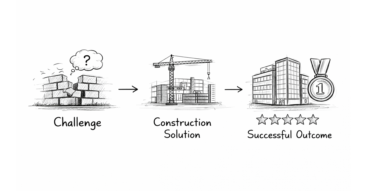 Diagram showing a challenge, construction solution, and successful outcome with a completed building, medal, and five stars.