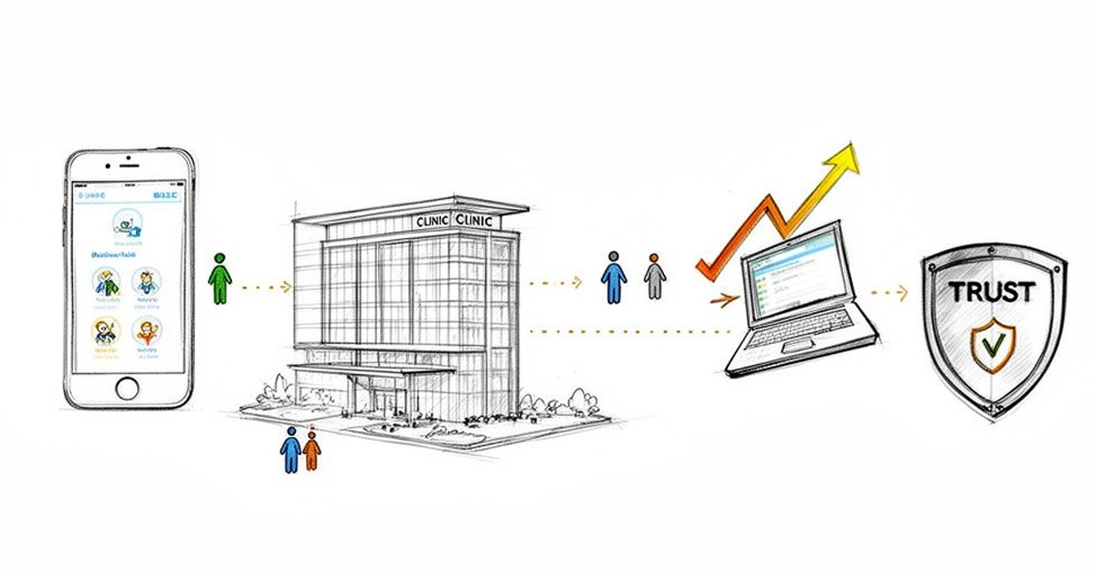 Diagram showing a digital healthcare process: mobile app to clinic, data processing, and building trust.