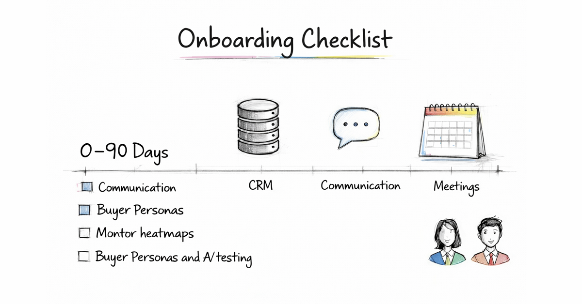 Hand-drawn onboarding checklist timeline illustrating communication, CRM, and meetings over a 0-90 day period.