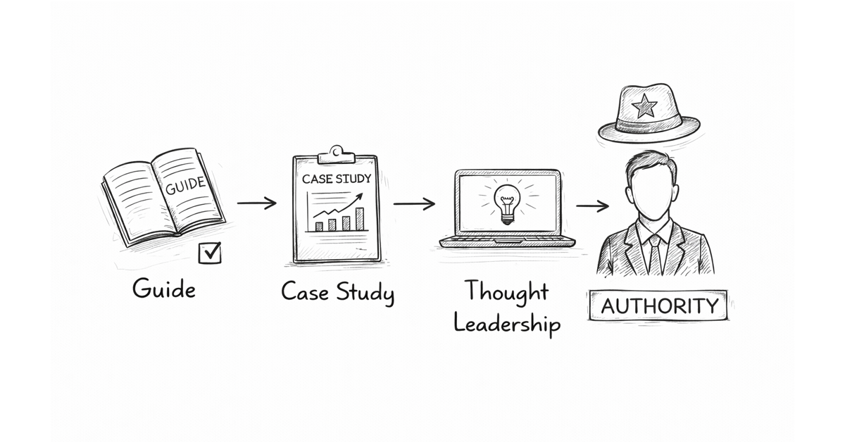 Scribble illustration showing guide, case study, and thought leadership content leading to authority for a person.