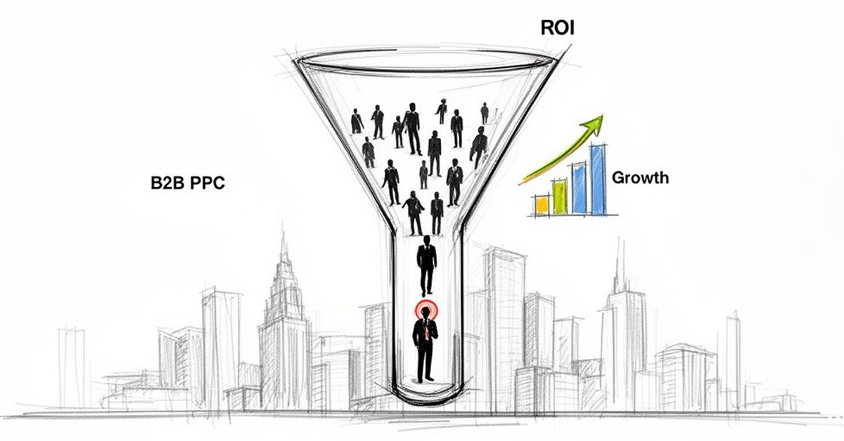 A B2B PPC marketing funnel showing leads converting to ROI and growth, with a city skyline.