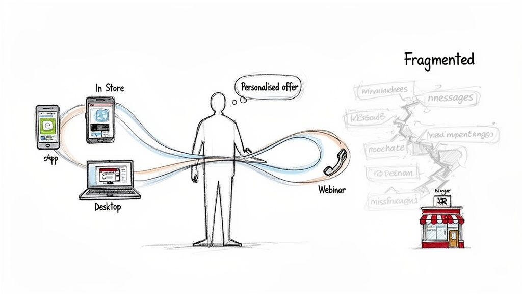 Diagram illustrating integrated omni-channel customer journey versus fragmented multi-channel experience.