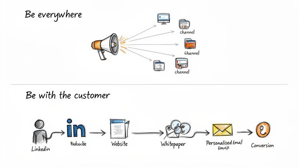 Diagram illustrating two marketing approaches: broadcasting to channels versus a customer-centric journey to conversion.