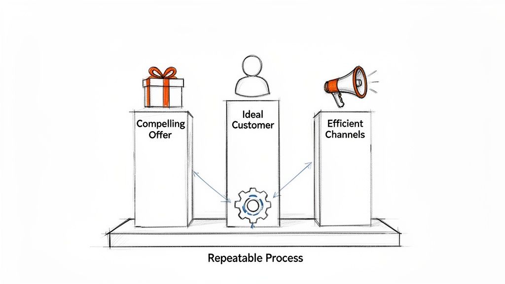Diagram showing a repeatable process connecting compelling offers, ideal customers, and efficient channels.