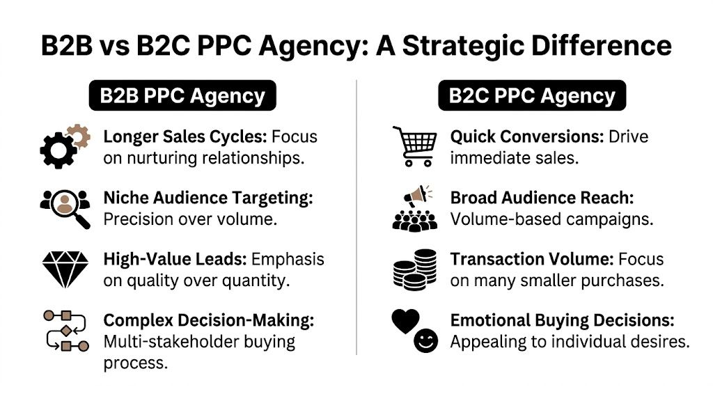 A comparison chart outlining the strategic differences between B2B and B2C PPC marketing agency approaches.