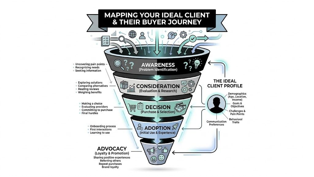 A marketing funnel infographic illustrating the stages of the ideal client buyer journey from awareness to advocacy.