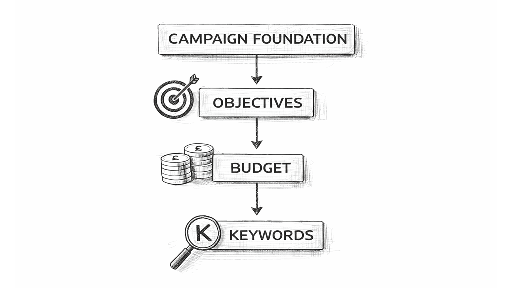 Flowchart illustrating a campaign foundation process with steps for objectives, budget, and keywords.