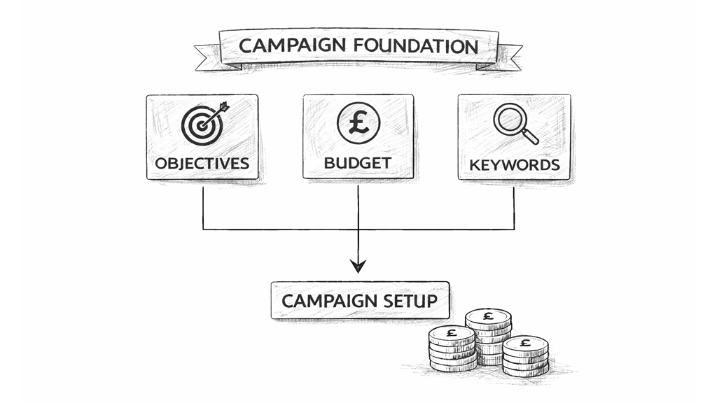 Optimisation workflow illustrating A/B testing, conversion, growth, and landing page analysis with a magnifying glass.