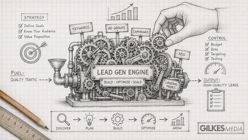 A detailed technical drawing of a lead generation engine being operated by a human hand.