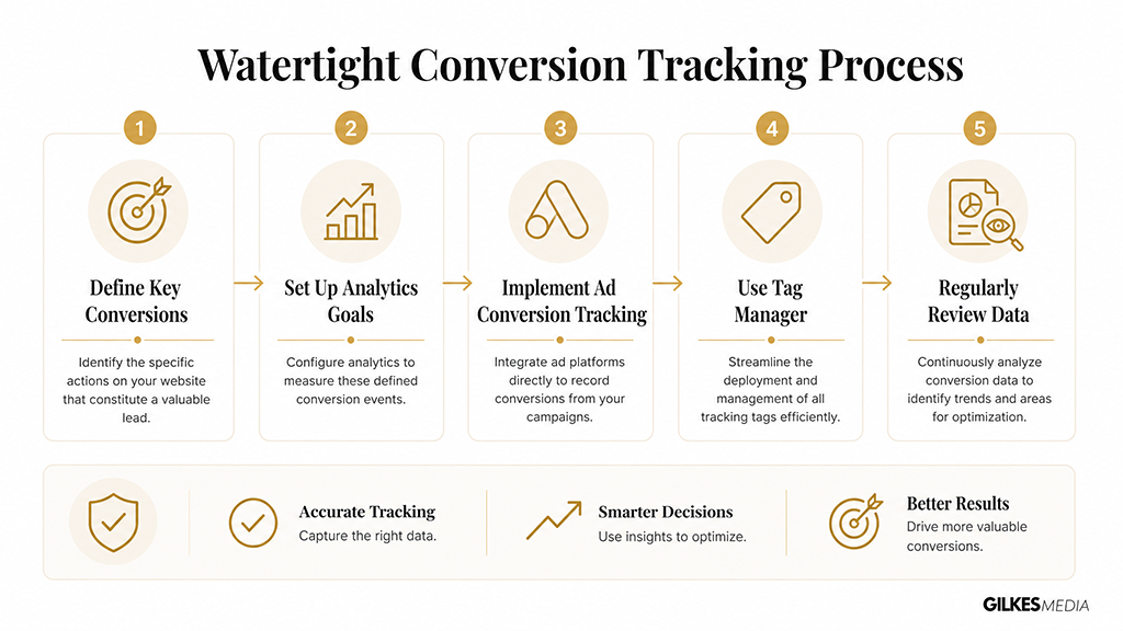 A five-step flowchart illustrating the Watertight Conversion Tracking Process for optimizing online lead generation campaigns.