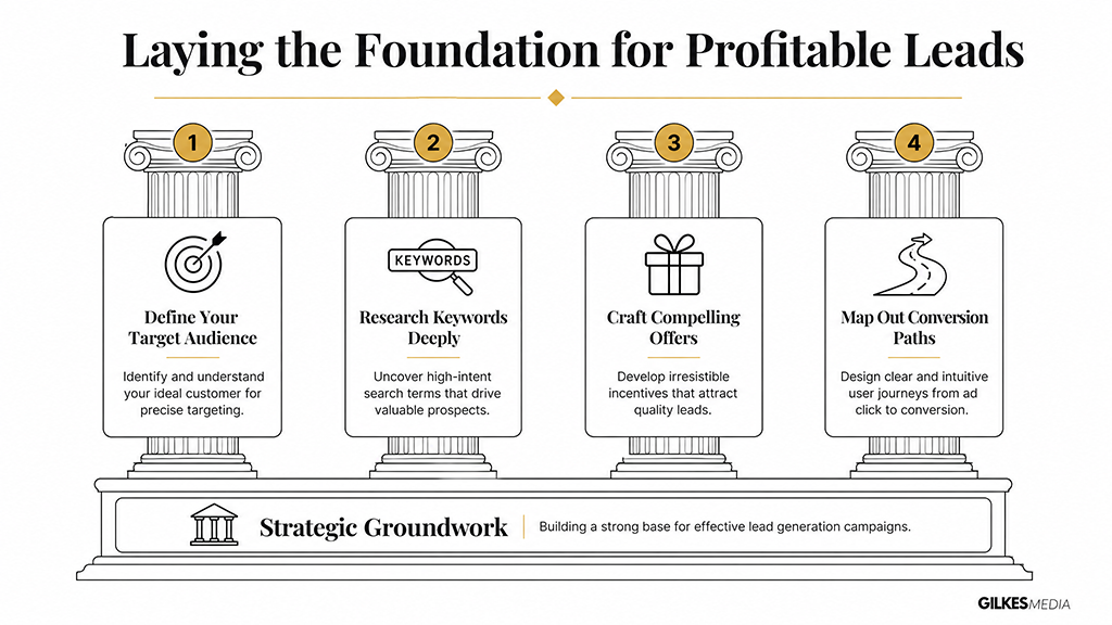 A four-step infographic showing the foundation for profitable leads including audience definition, keyword research, offer creation, and conversion paths.