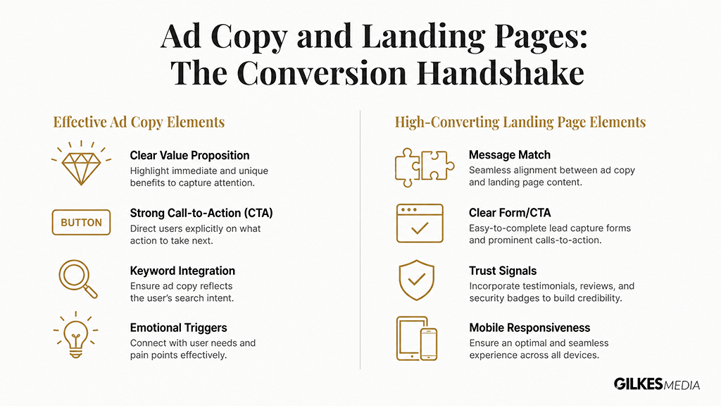 An infographic showing key elements for effective ad copy and high-converting landing page strategies for digital marketing.
