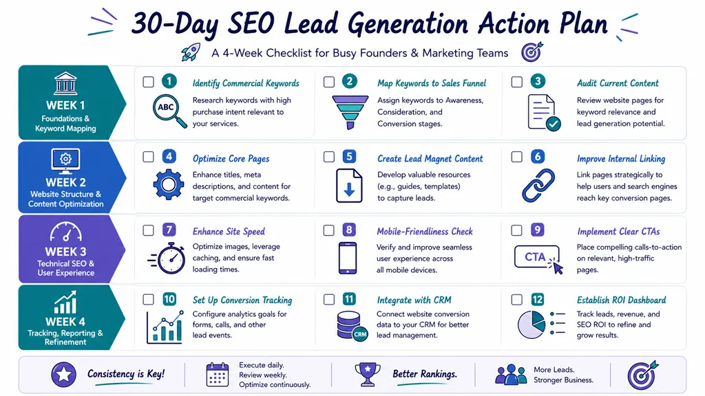 A 30-day SEO lead generation action plan checklist for founders organized into a four-week infographic schedule.