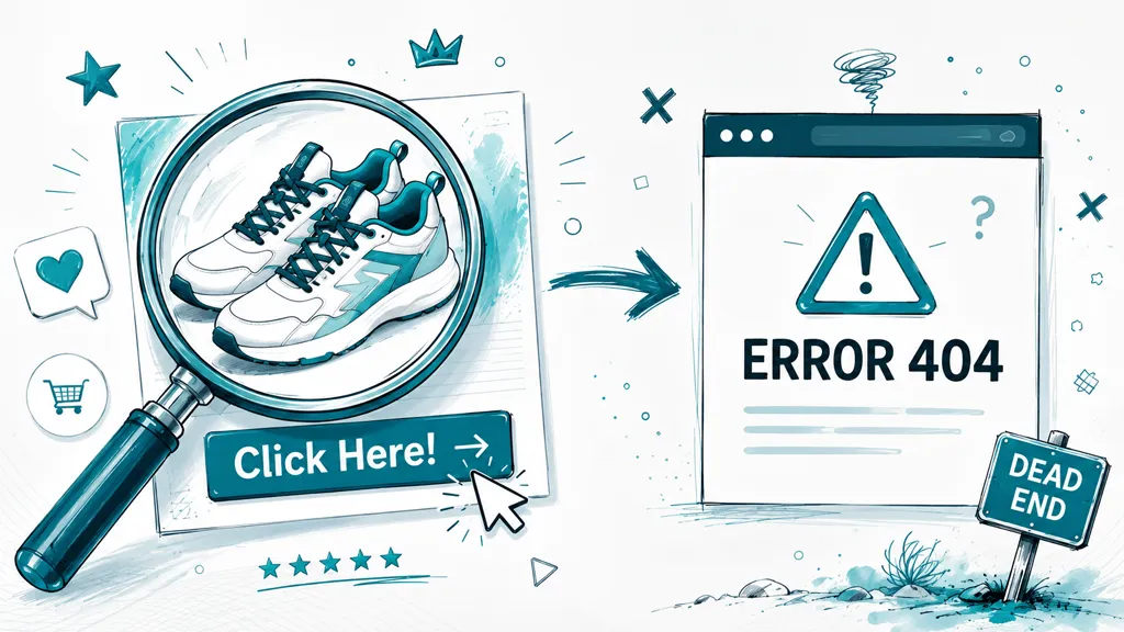 A conceptual illustration showing a magnifying glass over athletic shoes leading to a 404 error page.