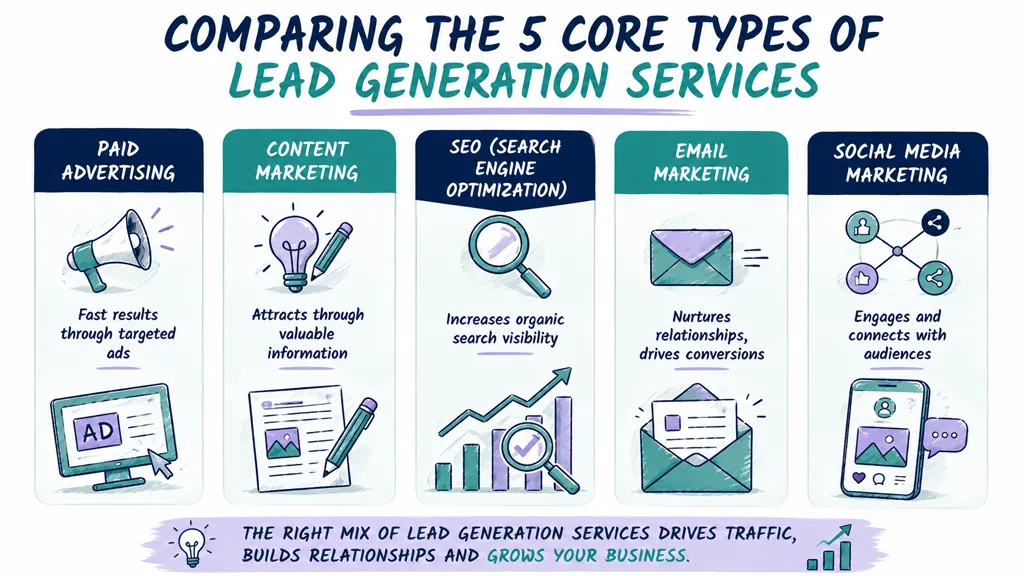 An infographic titled Comparing the 5 Core Types of Lead Generation Services with their descriptions and icons.