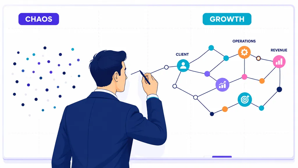 A business consultant drawing lines to connect scattered dots into an organized growth network diagram.