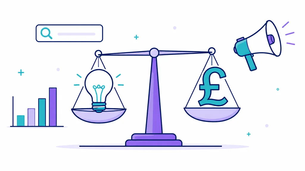 A conceptual sketch showing a balance scale with a lightbulb on one side and a pound symbol on the other.
