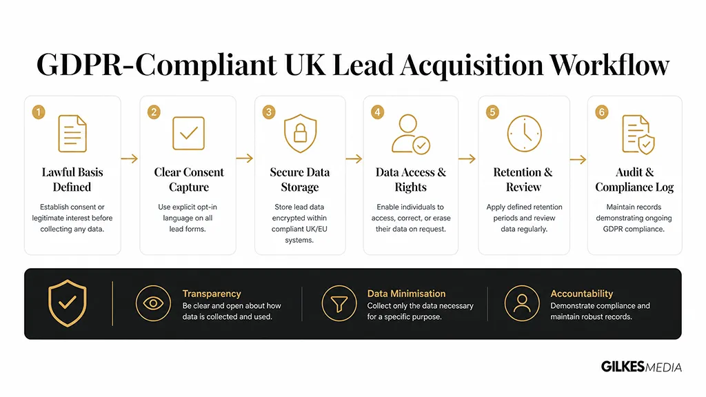 A flowchart detailing a GDPR-compliant process for managing UK lead acquisition and data privacy workflows.