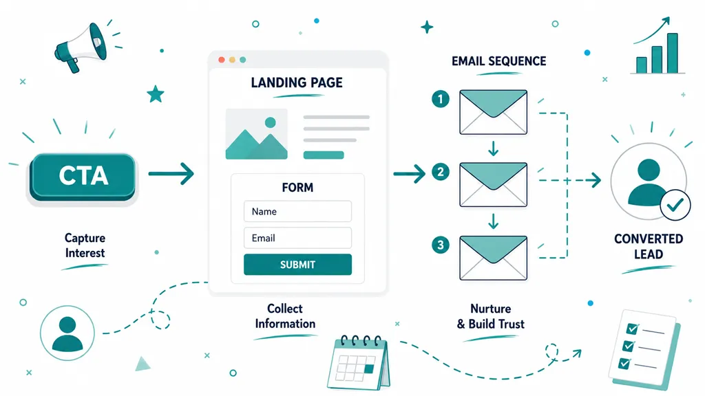 A hand-drawn illustration showing a digital marketing lead generation funnel from landing page to converted lead.