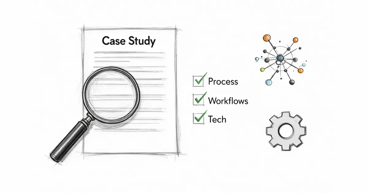 A hand-drawn sketch showing a case study document, magnifying glass, checklist, network, and gear icon.