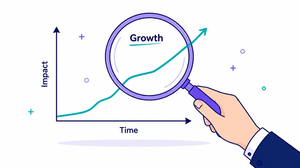 A hand holding a magnifying glass over a growth chart showing increasing impact over time.