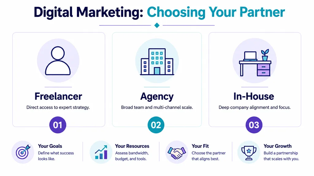 A infographic comparing digital marketing partner options: freelancer, agency, and in-house team, with success strategy tips.
