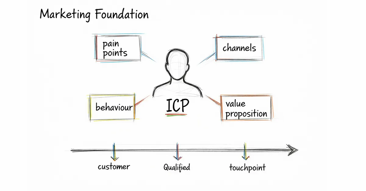 A marketing foundation diagram showing an Ideal Customer Profile (ICP) and key marketing elements.