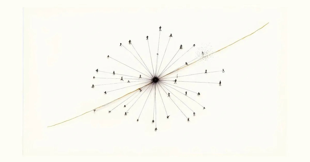 An abstract drawing showing small human figures on radiating lines from a central point, intersected by a golden line.