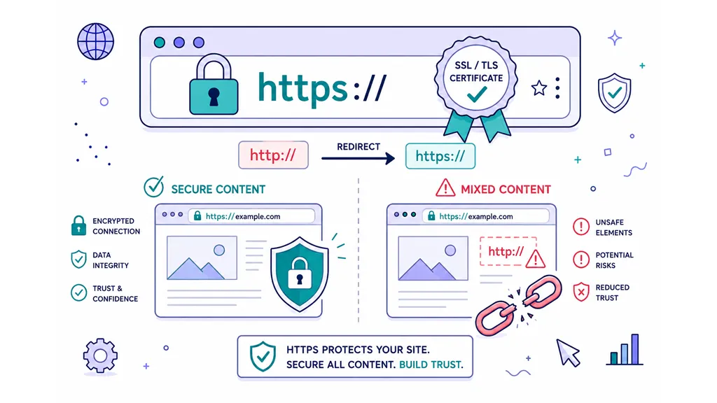 An infographic illustrating the difference between secure HTTPS website content and insecure mixed content.