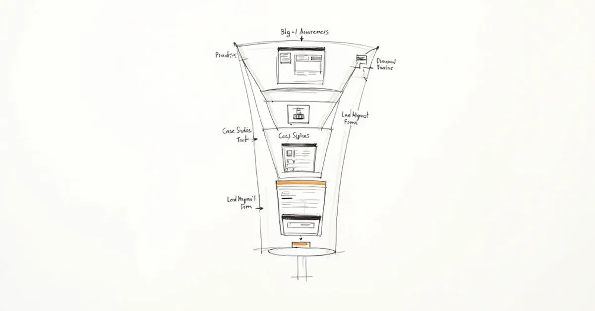 Hand-drawn sales funnel illustration showing web page wireframes for awareness, case studies, and lead forms.