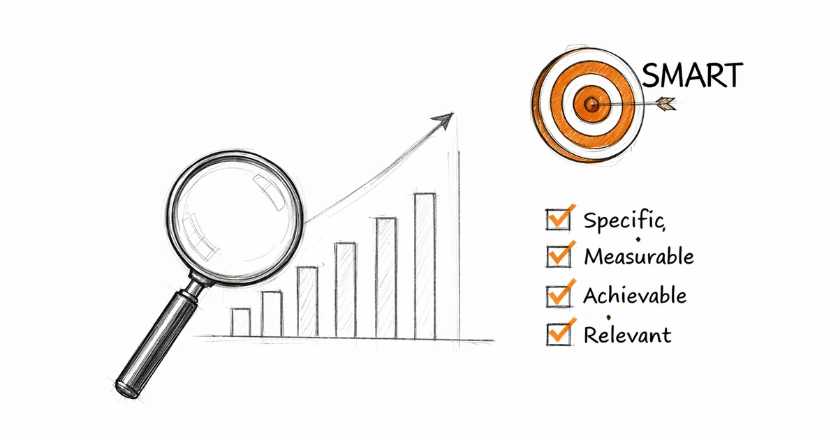 Hand-drawn sketch showing a magnifying glass, a rising bar graph, and a SMART target with a checklist.