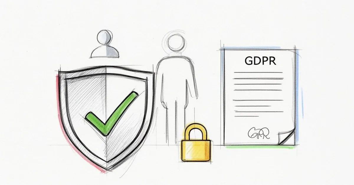 Sketch illustrating GDPR data protection with a shield, checkmark, user, padlock, and document.