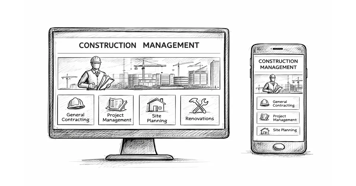 Sketch of a desktop monitor and smartphone displaying a construction management website with various service offerings.