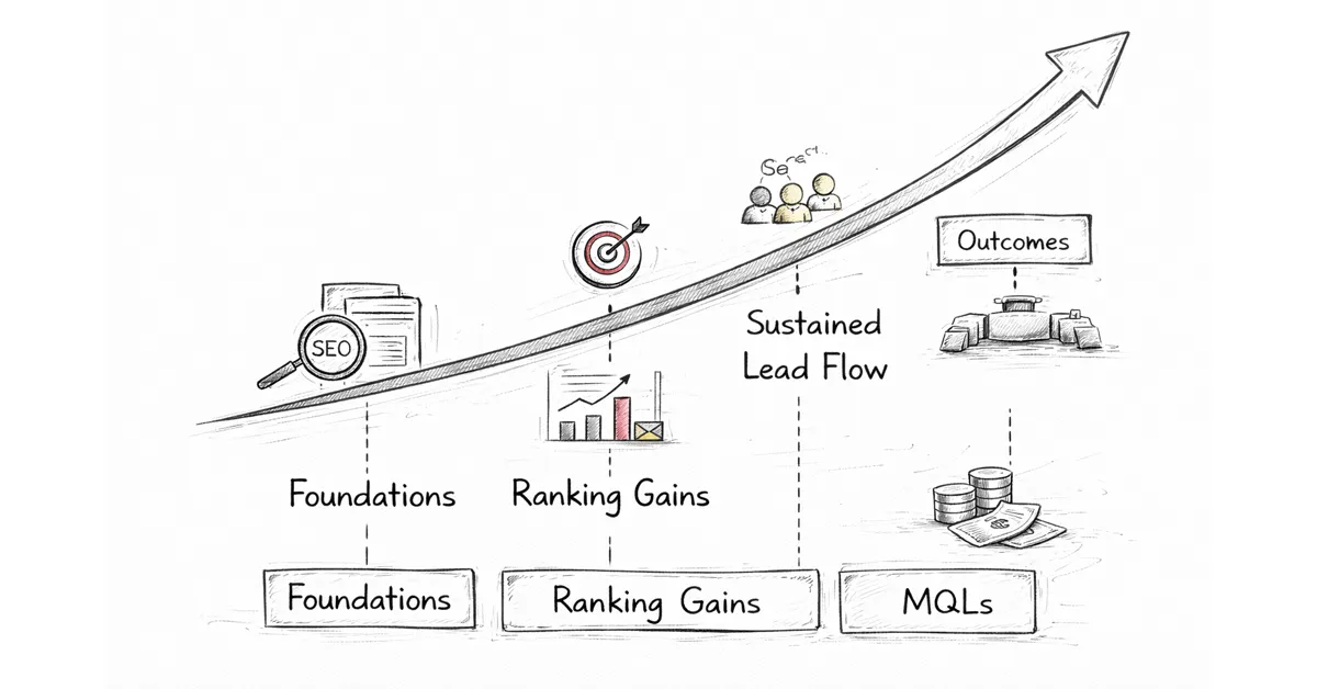 Upward arrow timeline illustrating SEO progress milestones like foundations, ranking gains, and sustained lead flow, with outcomes like organic leads, MQLs, and pipeline.