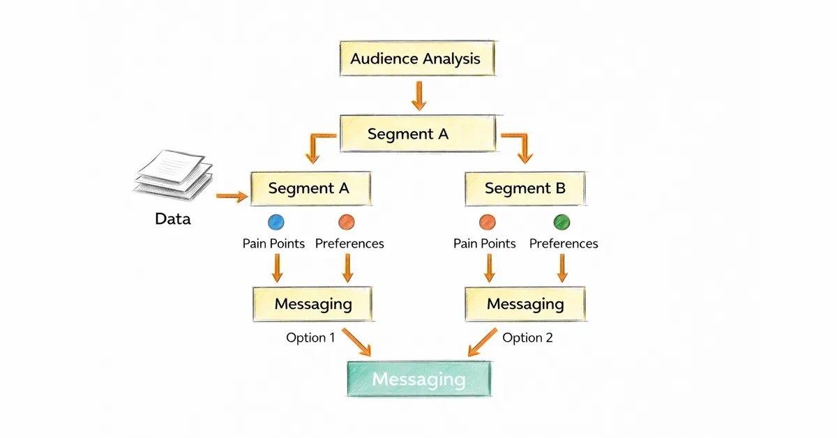 A flowchart showing an audience messaging decision tree, starting with data to messaging.