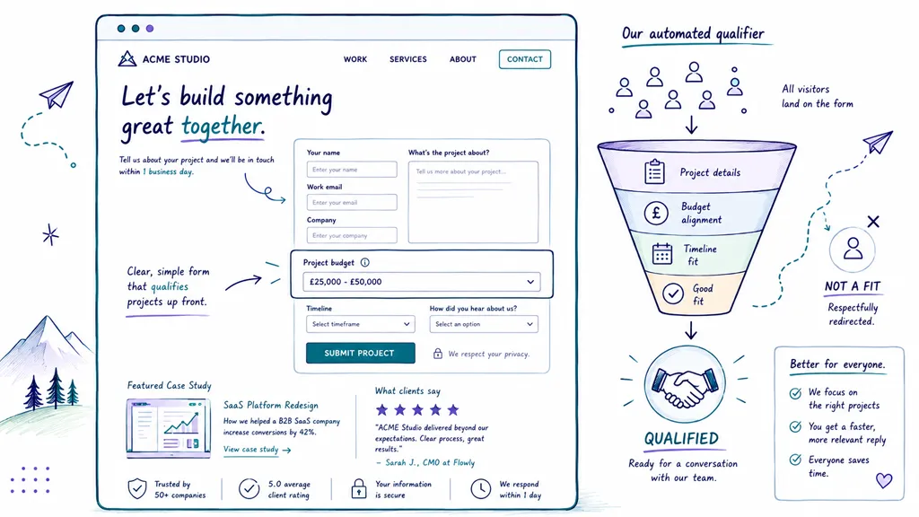 A hand-drawn wireframe diagram illustrating an automated lead qualification process for a web design agency.