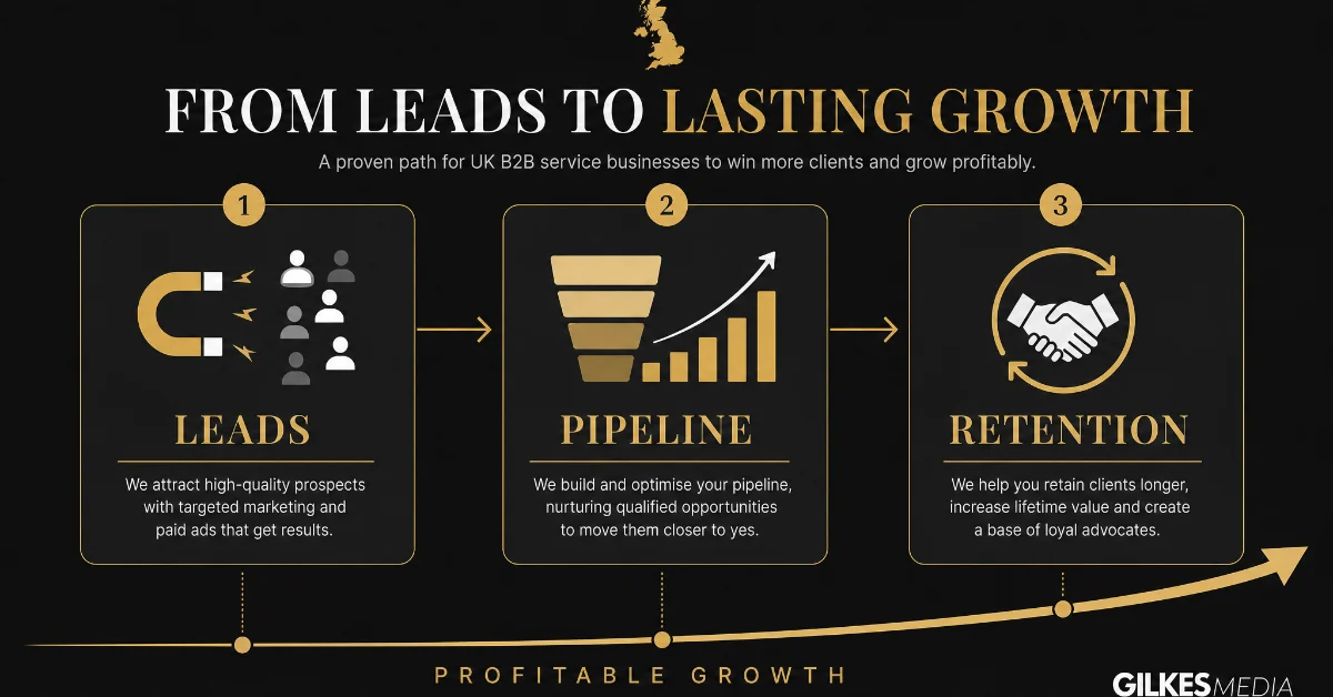 Illustration of business growth in the UK showing leads, pipeline, and retention stages.