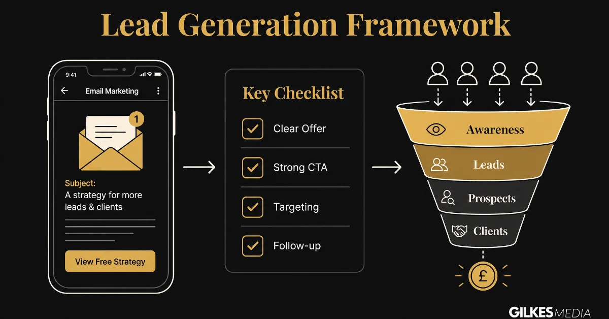Digital marketing sketch illustrating a mobile email, key checklist items, and a sales lead generation funnel.