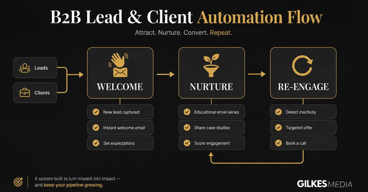 A B2B automation process flow diagram showing welcome, nurture, and re-engage stages for leads and clients.