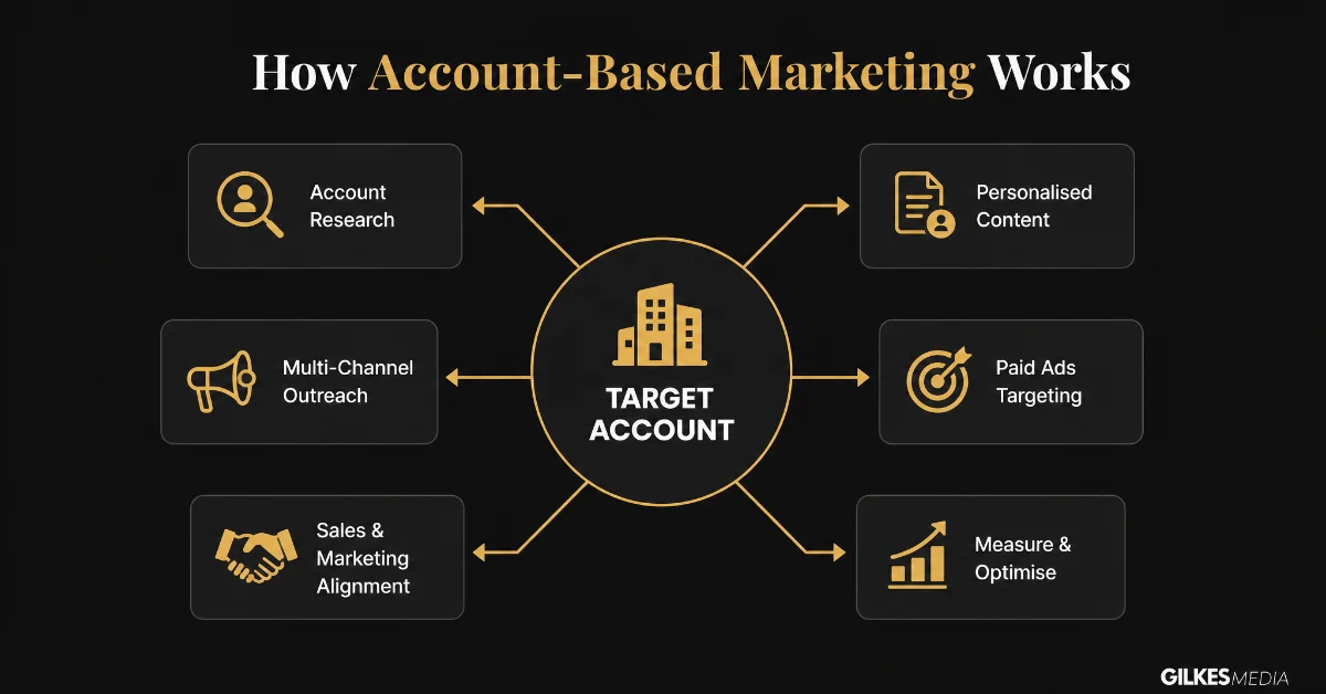 Diagram illustrating Account-Based Marketing (ABM) with a central 'Target Account' surrounded by various marketing and sales activities.