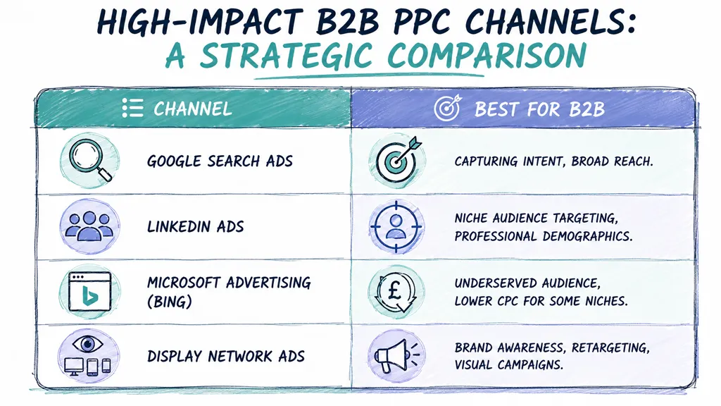 A strategic comparison chart for high-impact B2B PPC channels including Google, LinkedIn, Microsoft, and display ads.